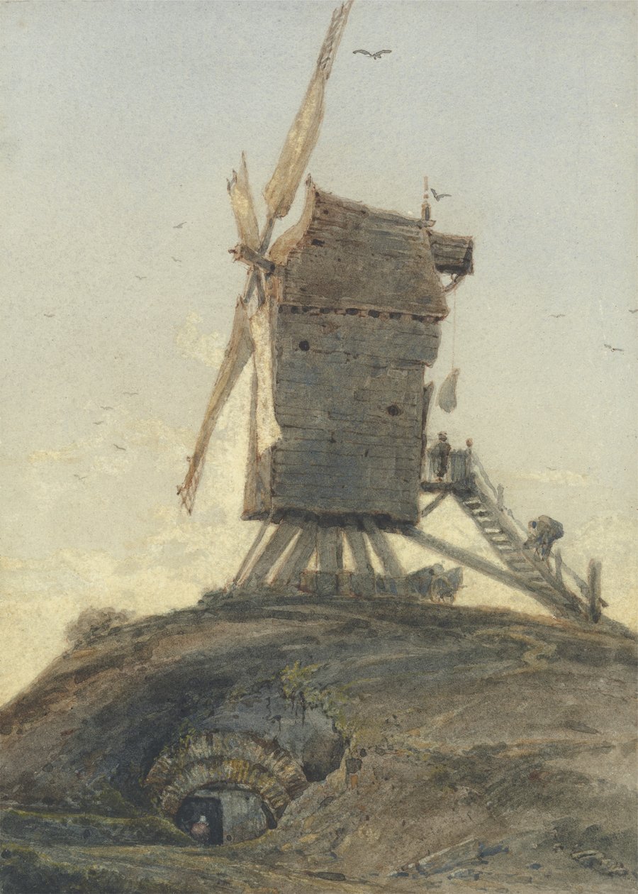 Molino de viento en una colina en un paisaje de Francois Louis Thomas Francia