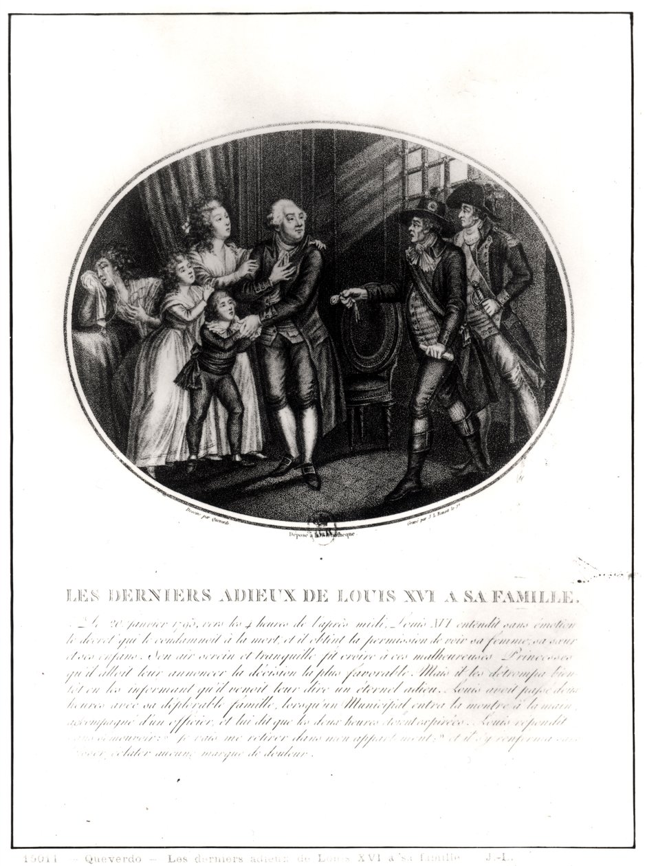 Las últimas despedidas de Luis XVI (1754-93) a su familia, 20 de enero de 1793, grabado por J. L. Benoist (fl.1800-40) de Francois Maria Isidore Queverdo