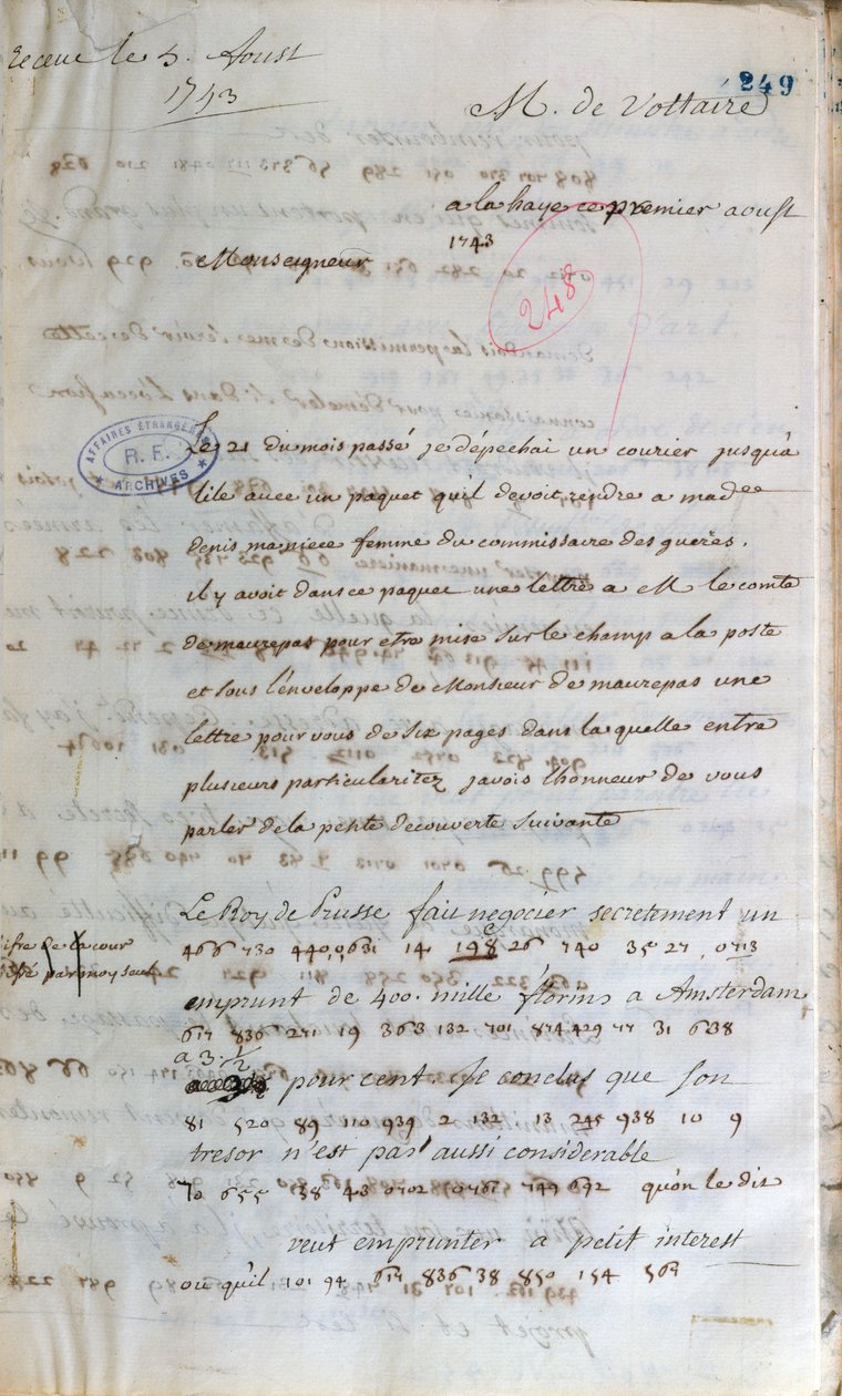 Carta escrita por Voltaire cuando trabajaba como agente secreto en La Haya al Ministro de Relaciones Exteriores de Francia en París, 1 de agosto de 1743 de Francois Marie Arouet Voltaire