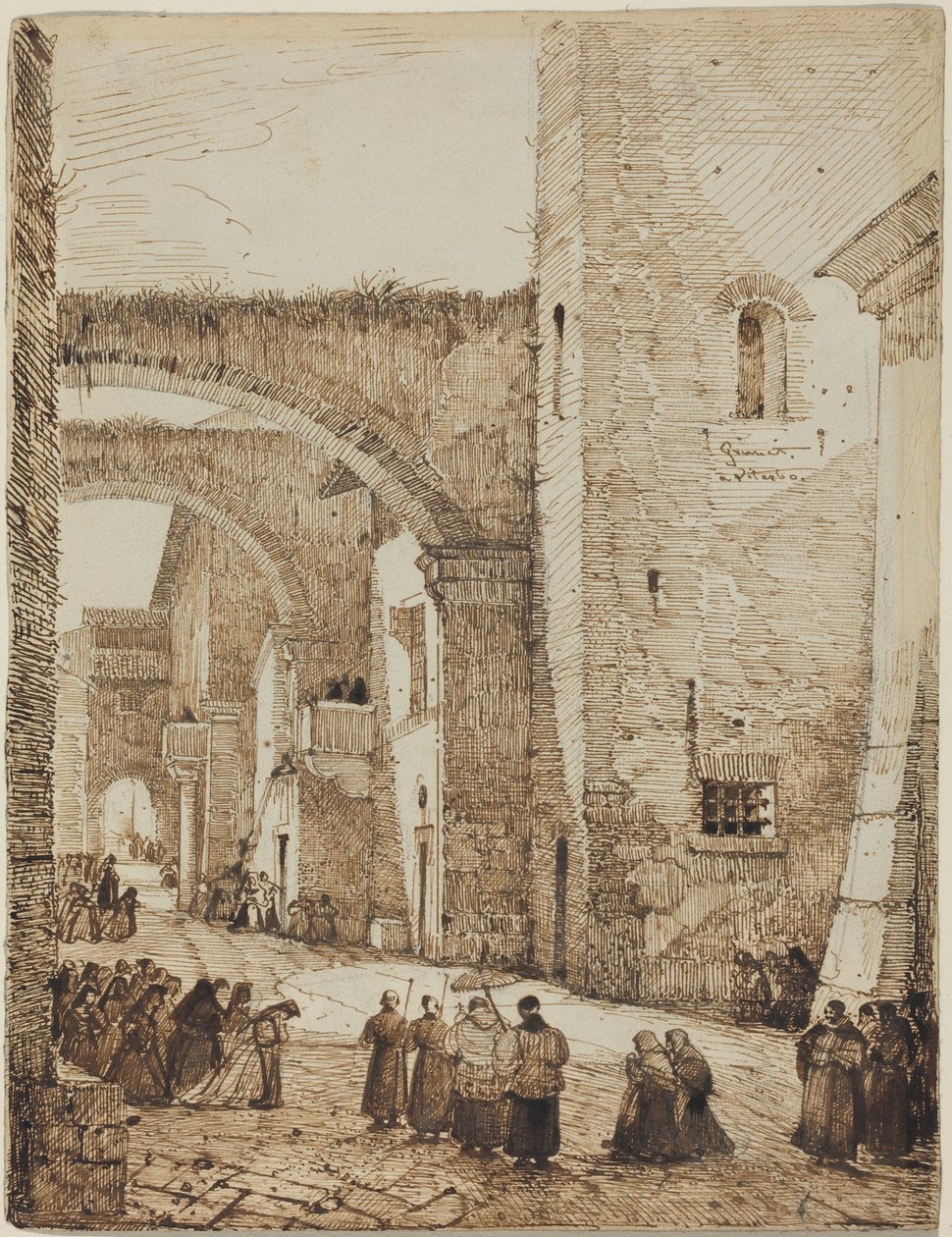 Un sacerdote en procesión por una calle medieval de Viterbo de Francois-Marius Granet