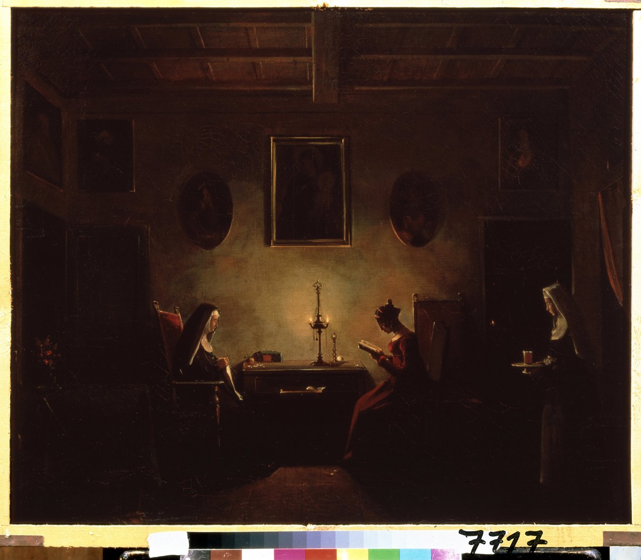 ""Interior"" Escena en un monasterio, una joven leyendo a la luz de las velas, dos monjas están en la habitación. Pintura de Francois Marius Granet (1775-1849) Museo Pushkin del siglo XIX, Moscú de Francois-Marius Granet