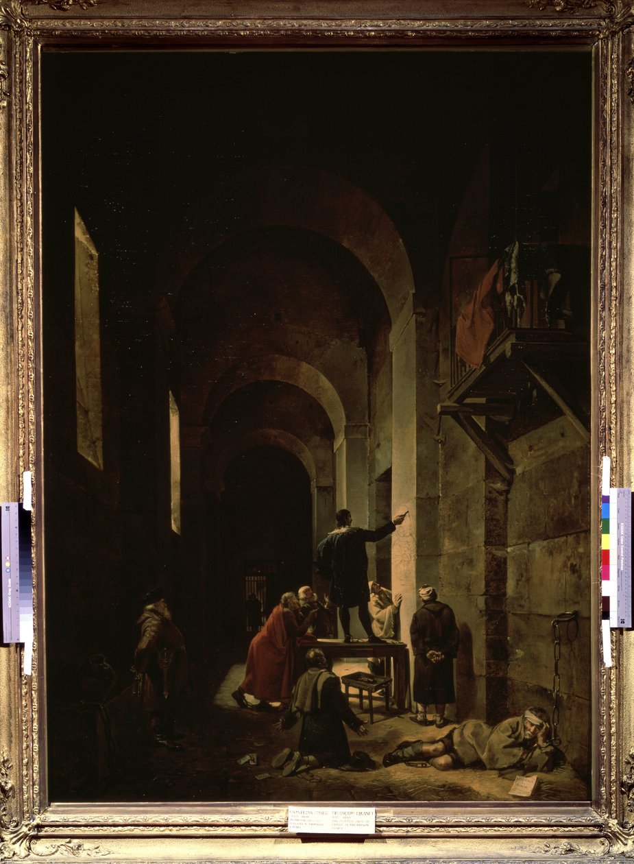 ""El pintor Jacques Stella (1596-1657) en prisión"" (El pintor Jacques Stella en prisión). Ilustración de ""Entrevistas sobre la vida y obra de los más excelentes pintores antiguos y modernos"" de Andre Felibien. Pintura de François Granet (1775 de Francois Marius Granet