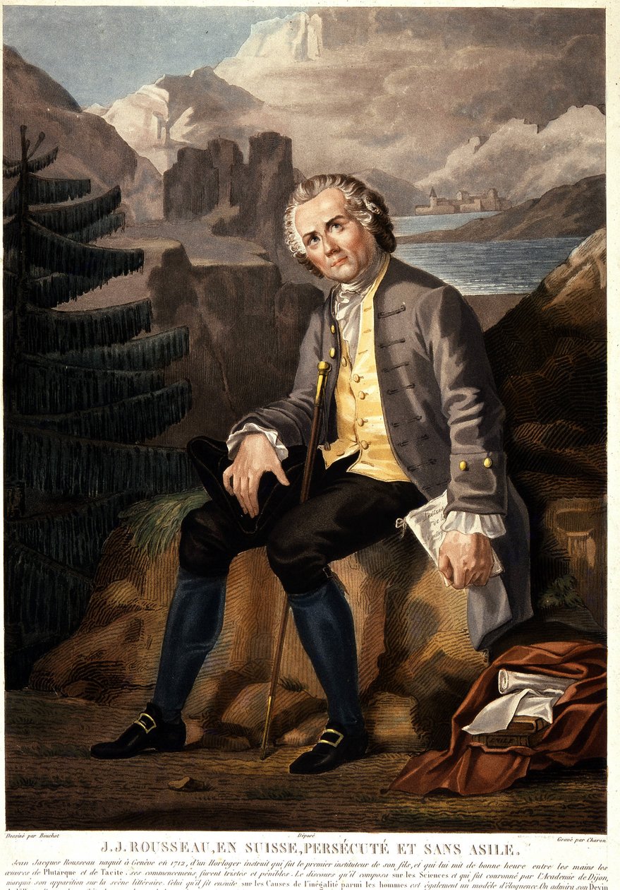 Jean Jacques Rousseau en Suiza, perseguido y sin asilo. Aguatinta por Charon d