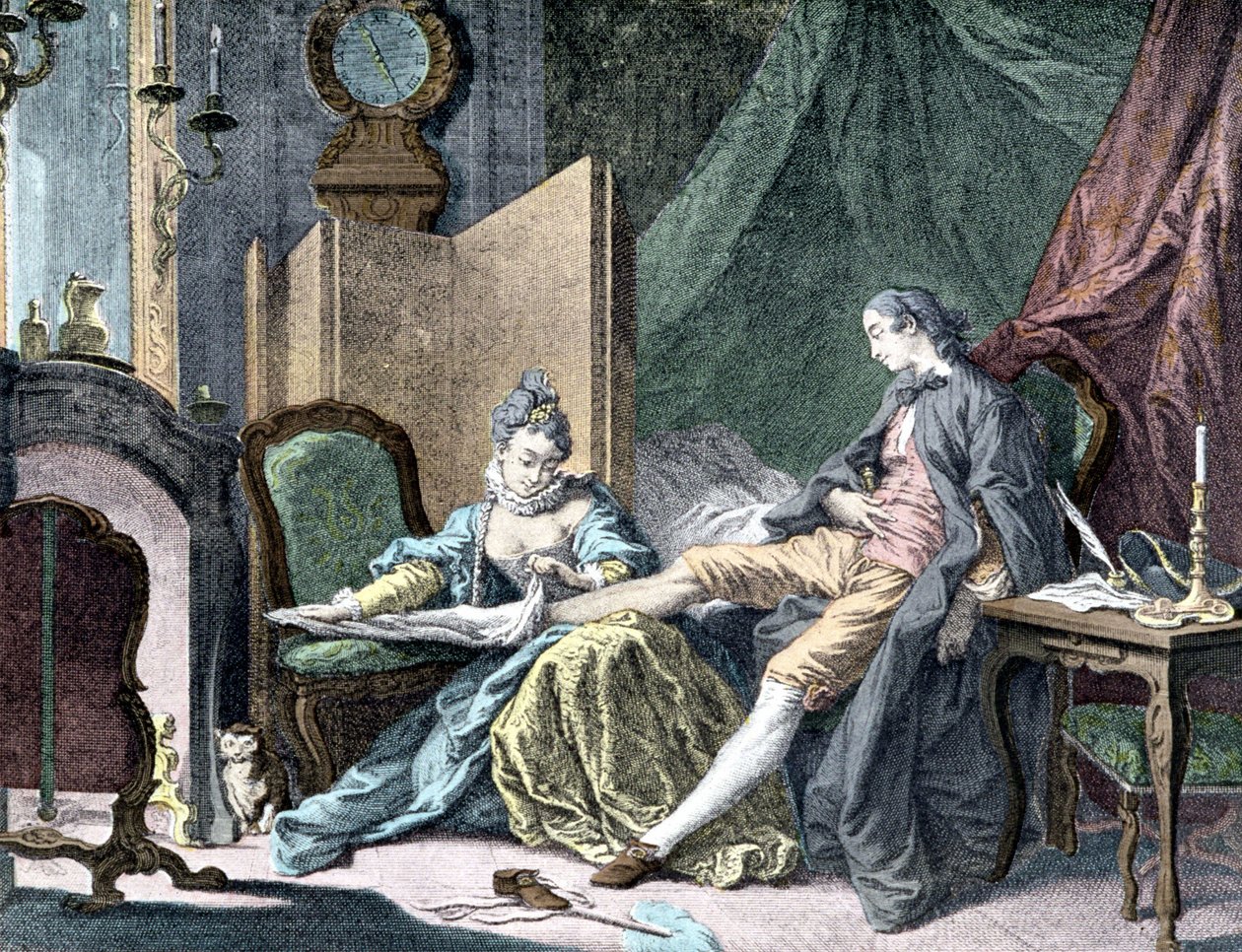 La cortesana enamorada: Mujer quitando la parte inferior de un hombre - grabado por ap. Butcher de Francois (after) Boucher