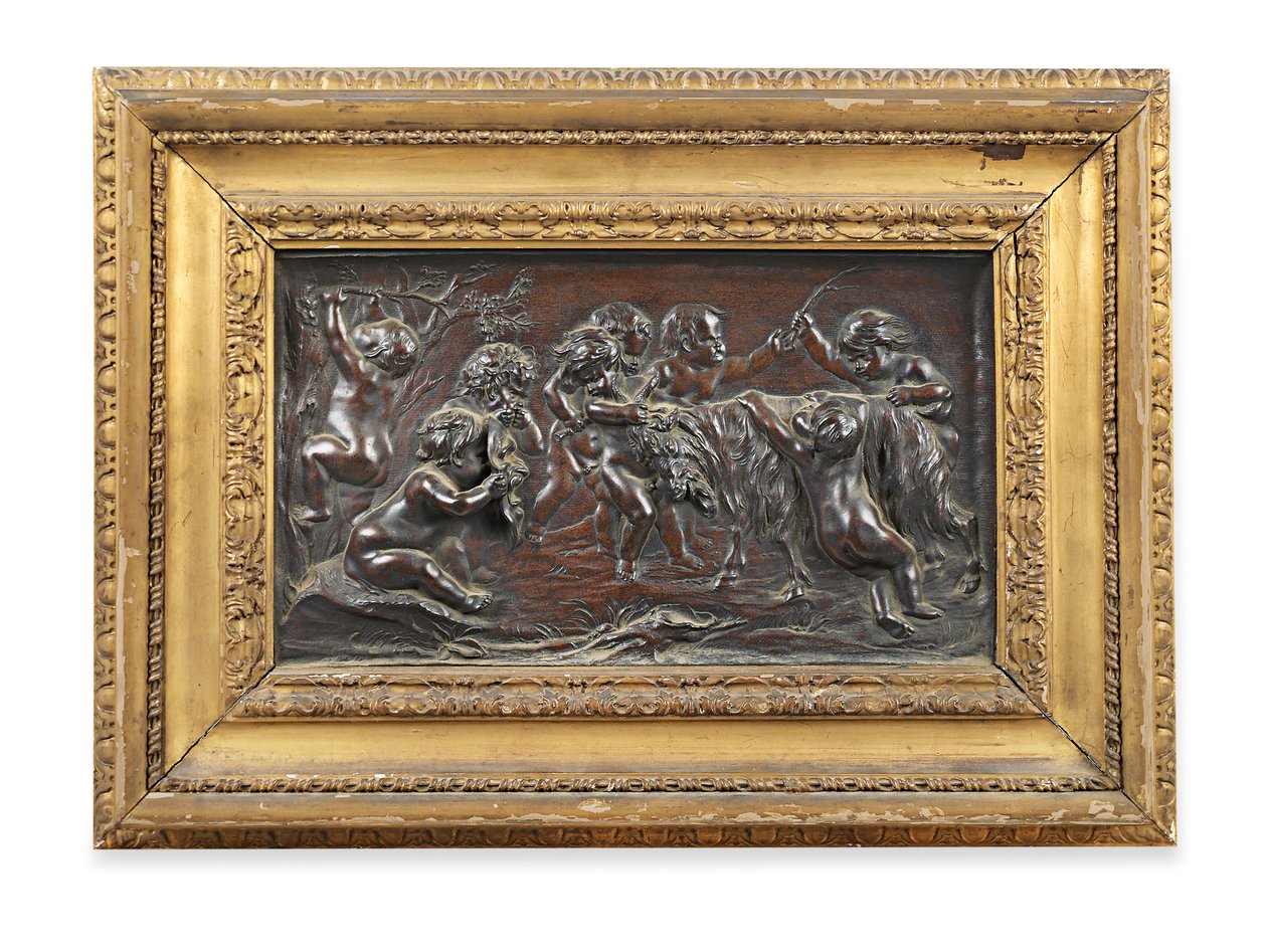 Relieve Rectangular de Bronce de Infantes Bacanales Jugando con una Cabra de Francois (after) Duquesnoy