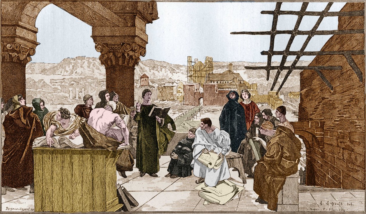 Pierre Abelard o Abailard (1079-1142), filósofo y teólogo francés y su escuela en la montaña Sainte Geneviève. Del fresco de François Flameng. de Francois (after) Flameng