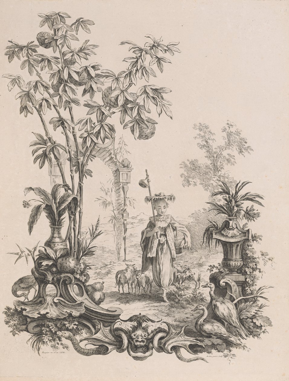 Joven china caminando, rodeada de sus ovejas, ca. 1740-50 de Francois Antoine Aveline