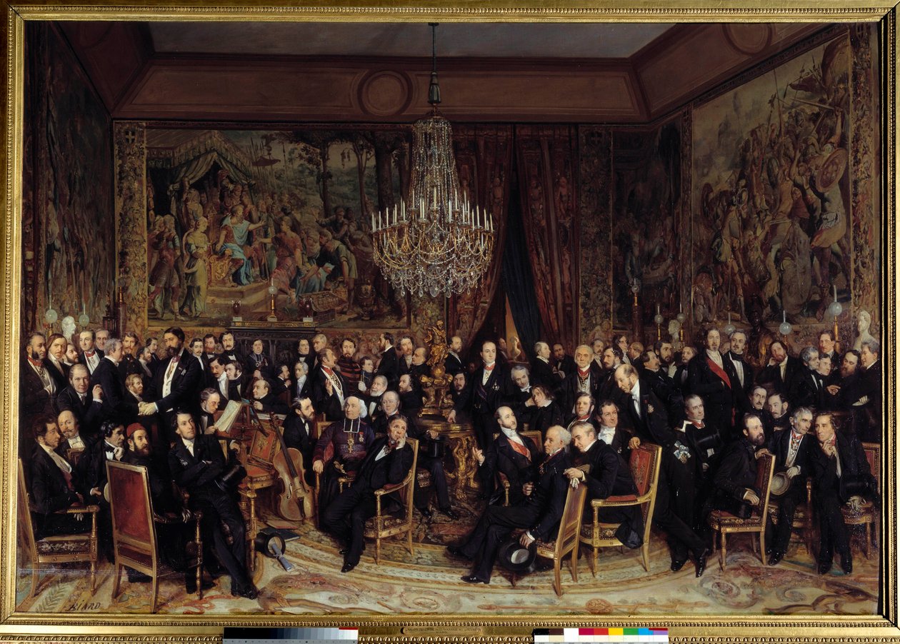 Noche en el Louvre con el Conde de Nieuwerkerke. Entre los presentes: François Marcellin Certain de Canrobert (1809-1895), Eugène Delacroix (1798-1863), Camille Doucet (1812-1895), Jacques Fromental Lévy, conocido como Halévy (1799-1862), Barón Georges Hau de François Auguste Biard