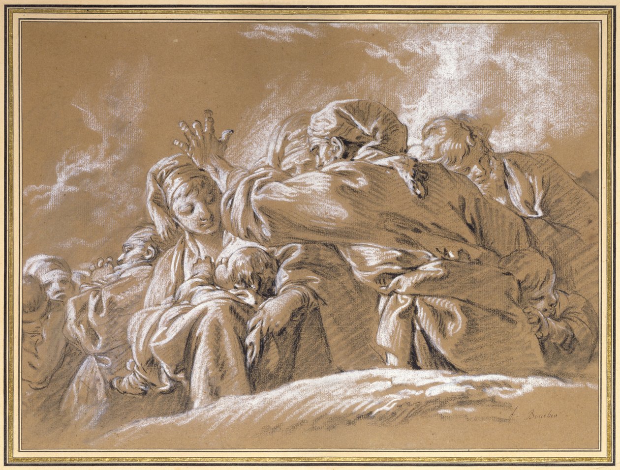 Una madre y un niño y otras figuras vistas desde abajo (tiza) de François Boucher