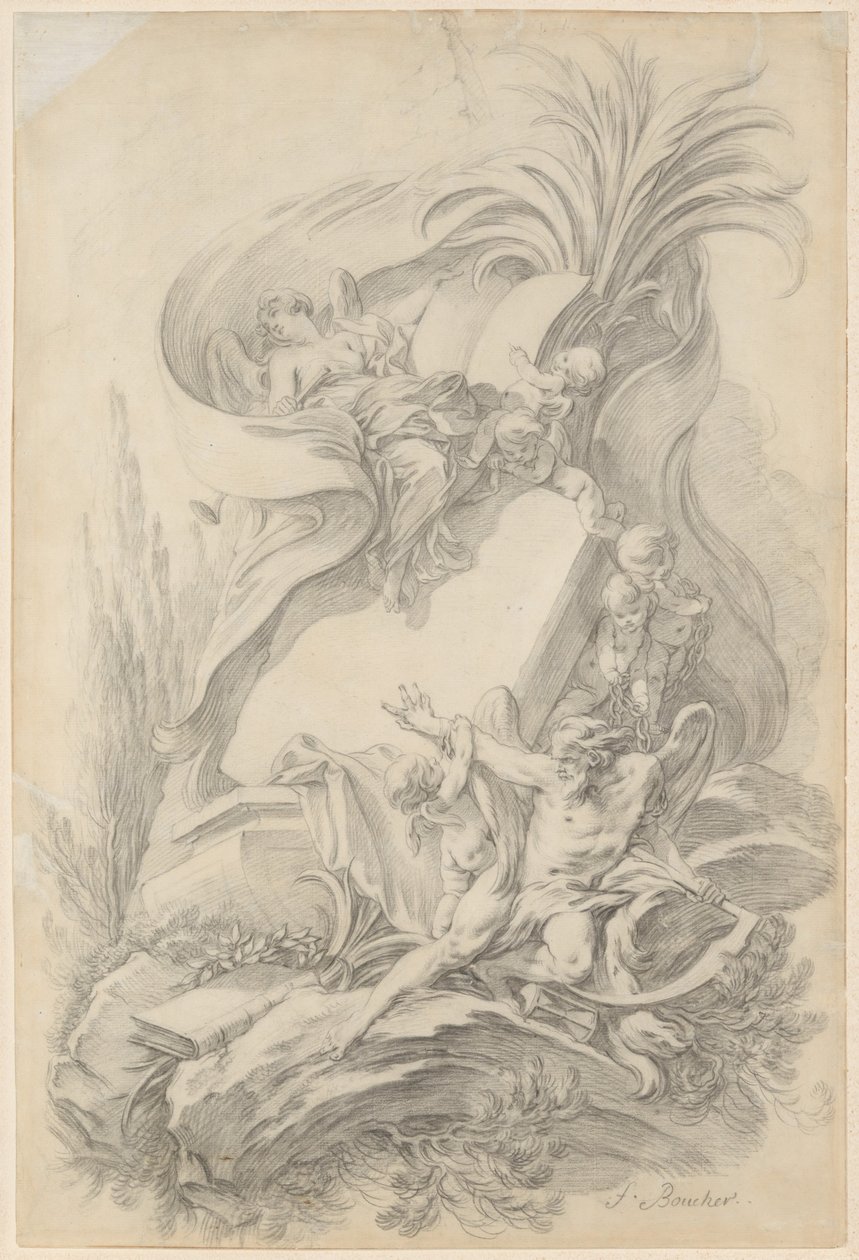 Diseño para un frontispicio: «El amor detiene el paso del tiempo» de François Boucher