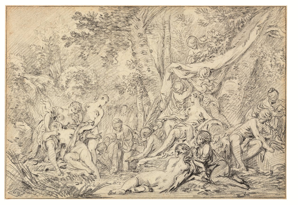 Diana y Calisto (tiza negra sobre papel) de François Boucher