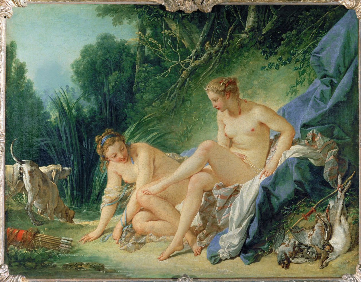 Diane au bain - Diana bañándose después de la caza. La hoz de luna en su pelo es el símbolo del agua, la luna... de François Boucher