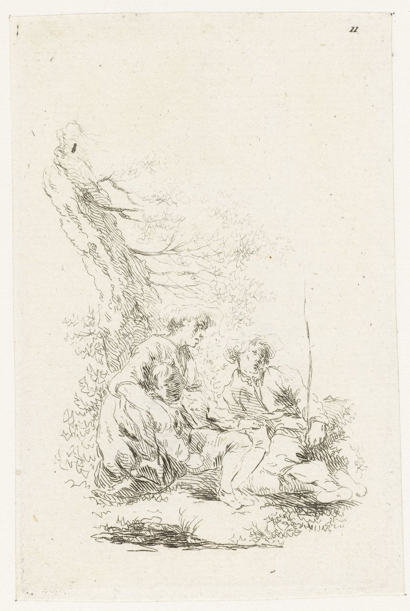 Tres personas sentadas junto a un árbol de François Boucher