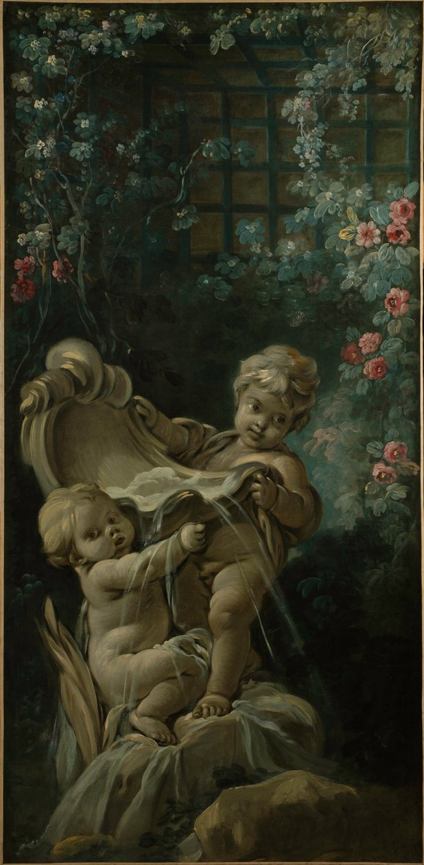 Fuente con dos amorcillos, uno de los cuales está arrodillado de François Boucher