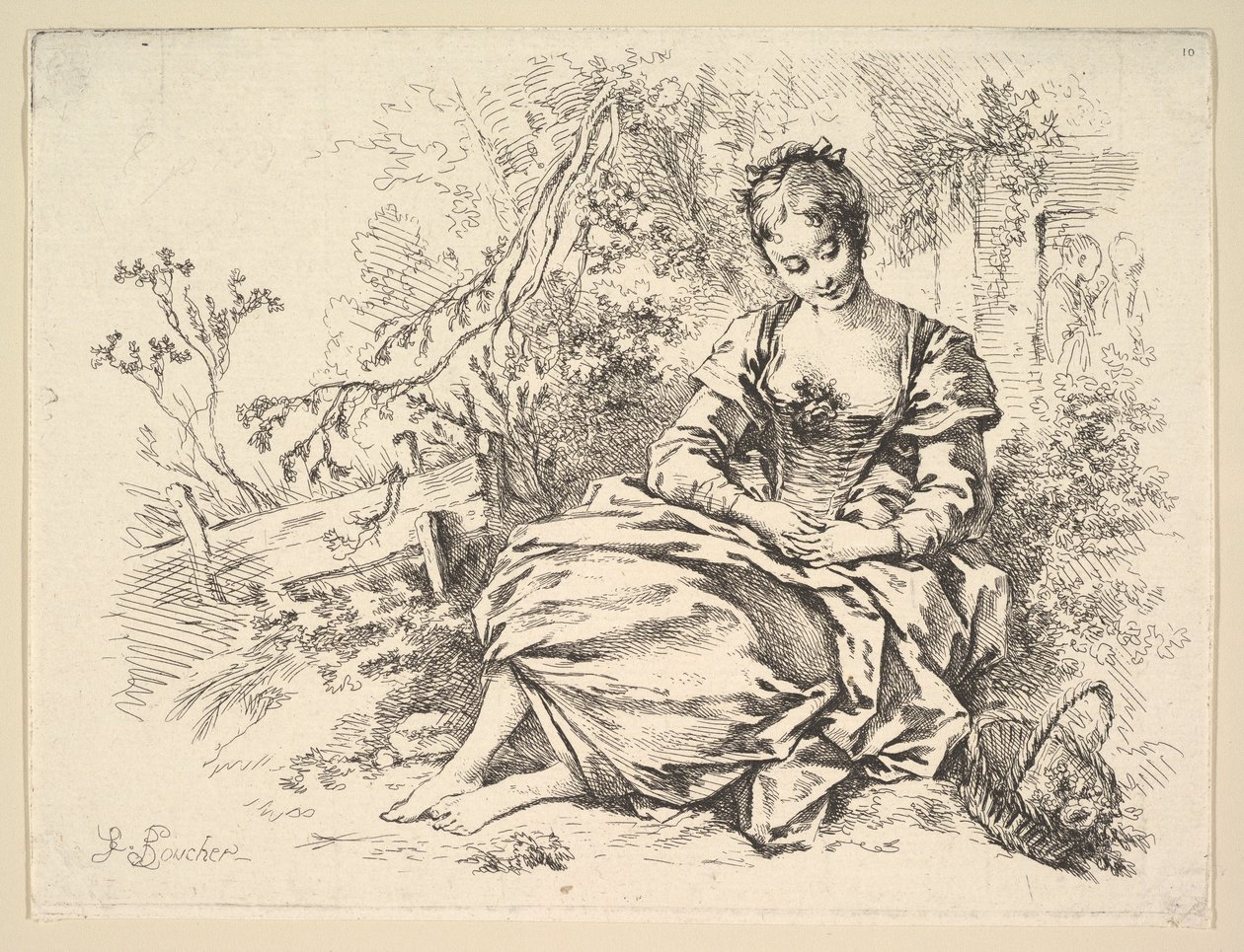 Niña en un paisaje con una cesta de flores de François Boucher
