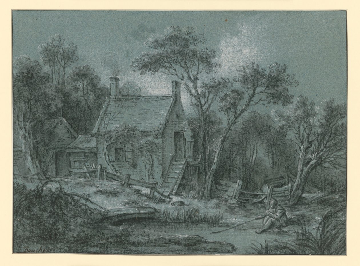 Casa con una escalera entre los árboles; delante, un pescador de François Boucher