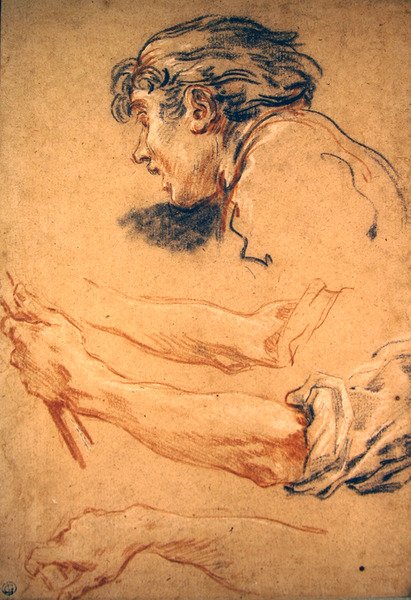 Cabeza de un pastor y estudios de su mano y brazo de François Boucher