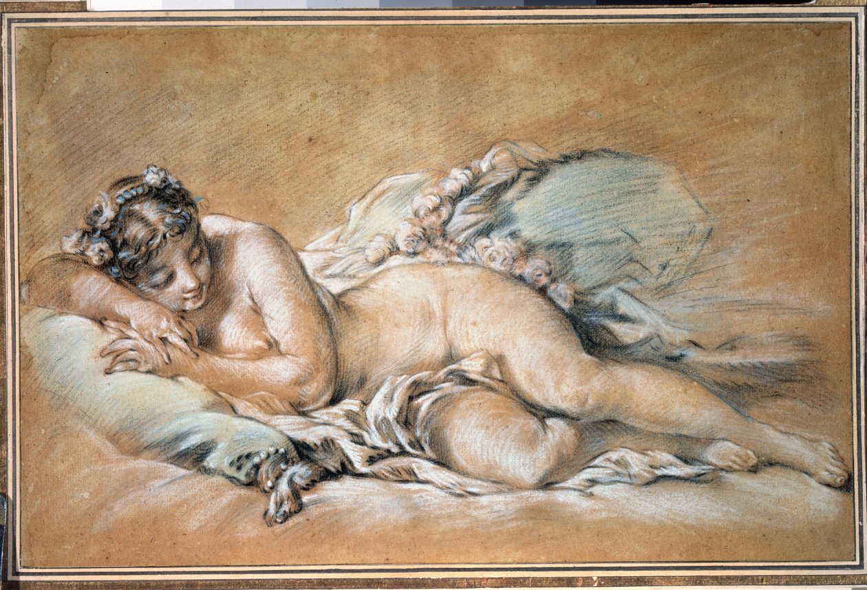 ""joven mujer dormida"" (Mujer joven dormida) Sanguina y pastel de Francois Boucher (1703-1770) 1758 Museo Pushkin, Moscú de François Boucher