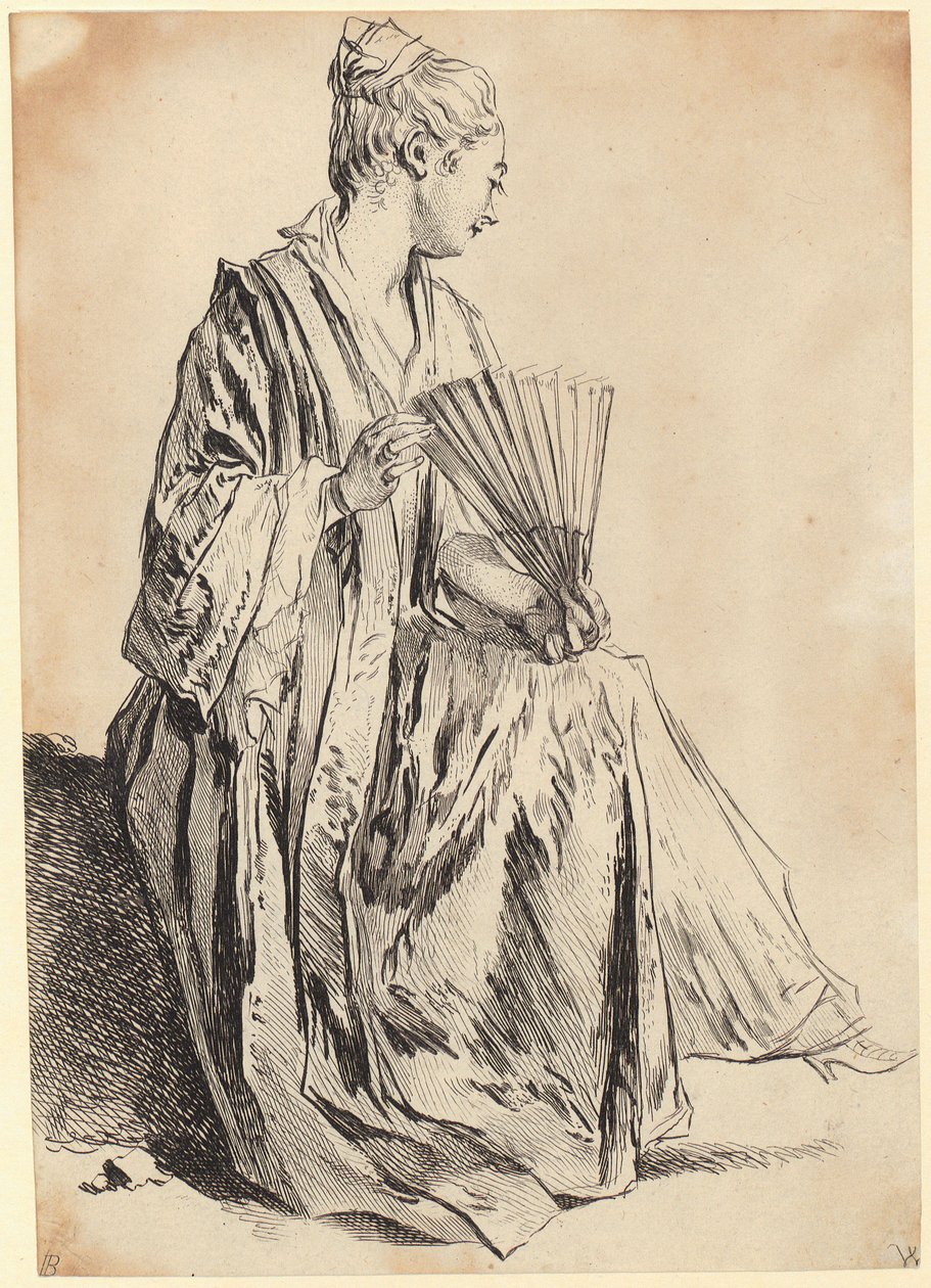 Mujer joven sentada jugando con un abanico de François Boucher