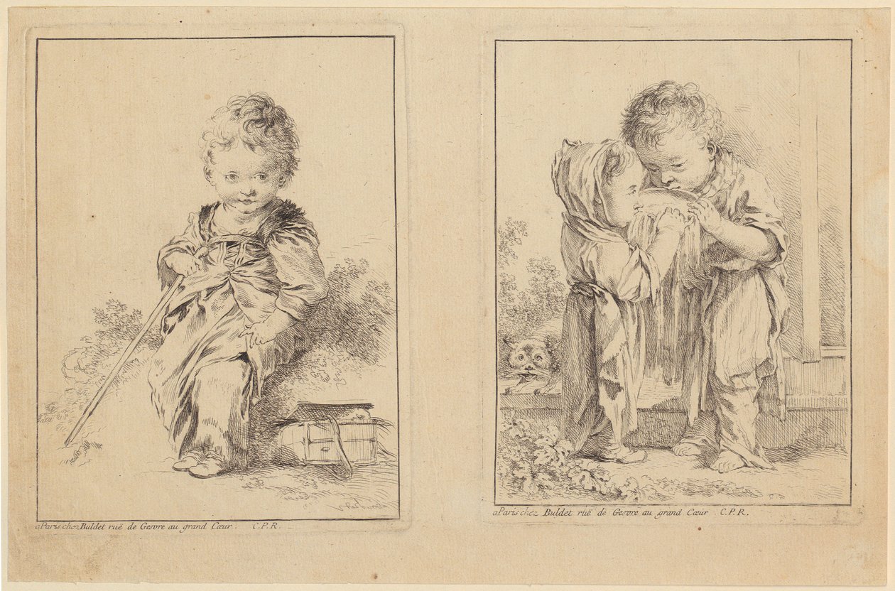 El pequeño saboyano y los pequeños bebedores de leche [dos platos] de François Boucher