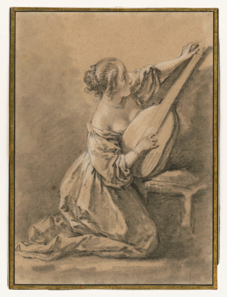 Joven arrodillada que afina un laúd de François Boucher