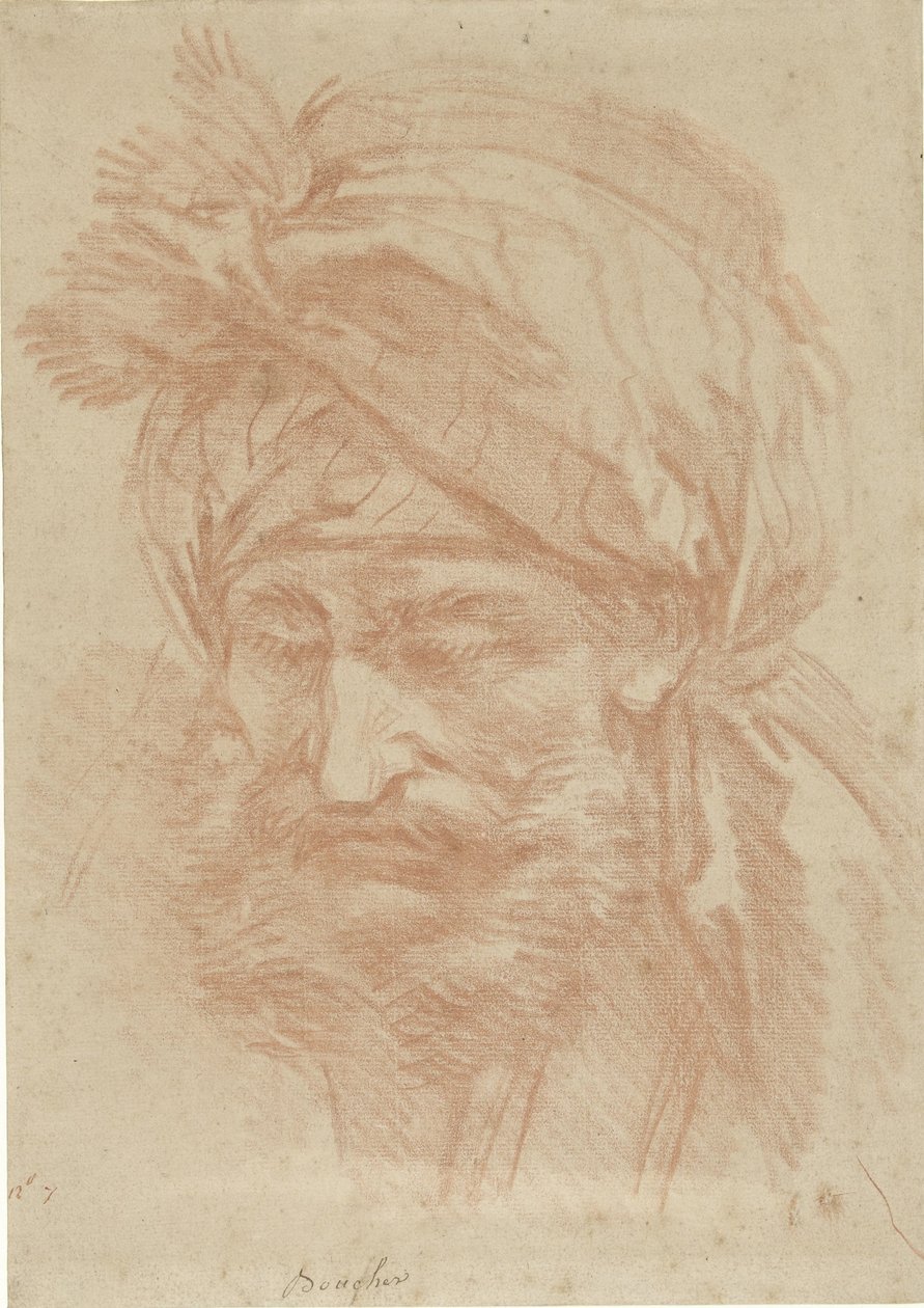 Cabeza de un oriental con barba y turbante, vista de frente, mirando hacia abajo de François Boucher