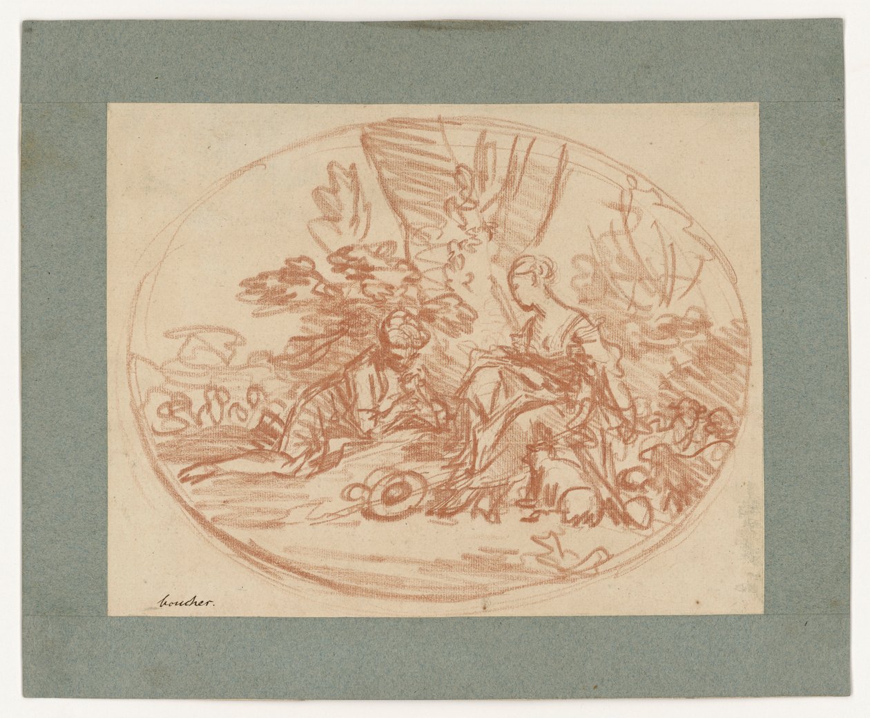 Pareja descansando bajo los árboles (contraprensa) de François Boucher