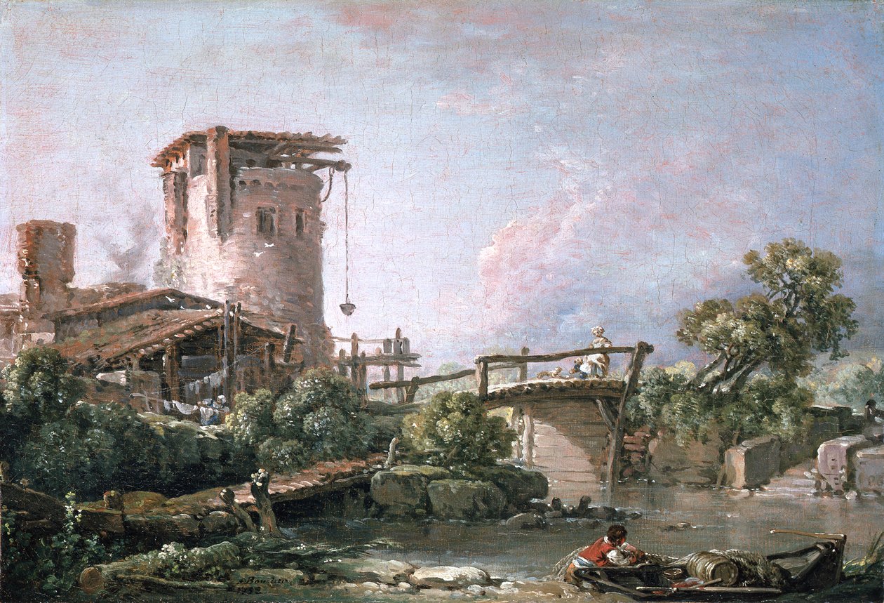 Paisaje con torre y puente de François Boucher