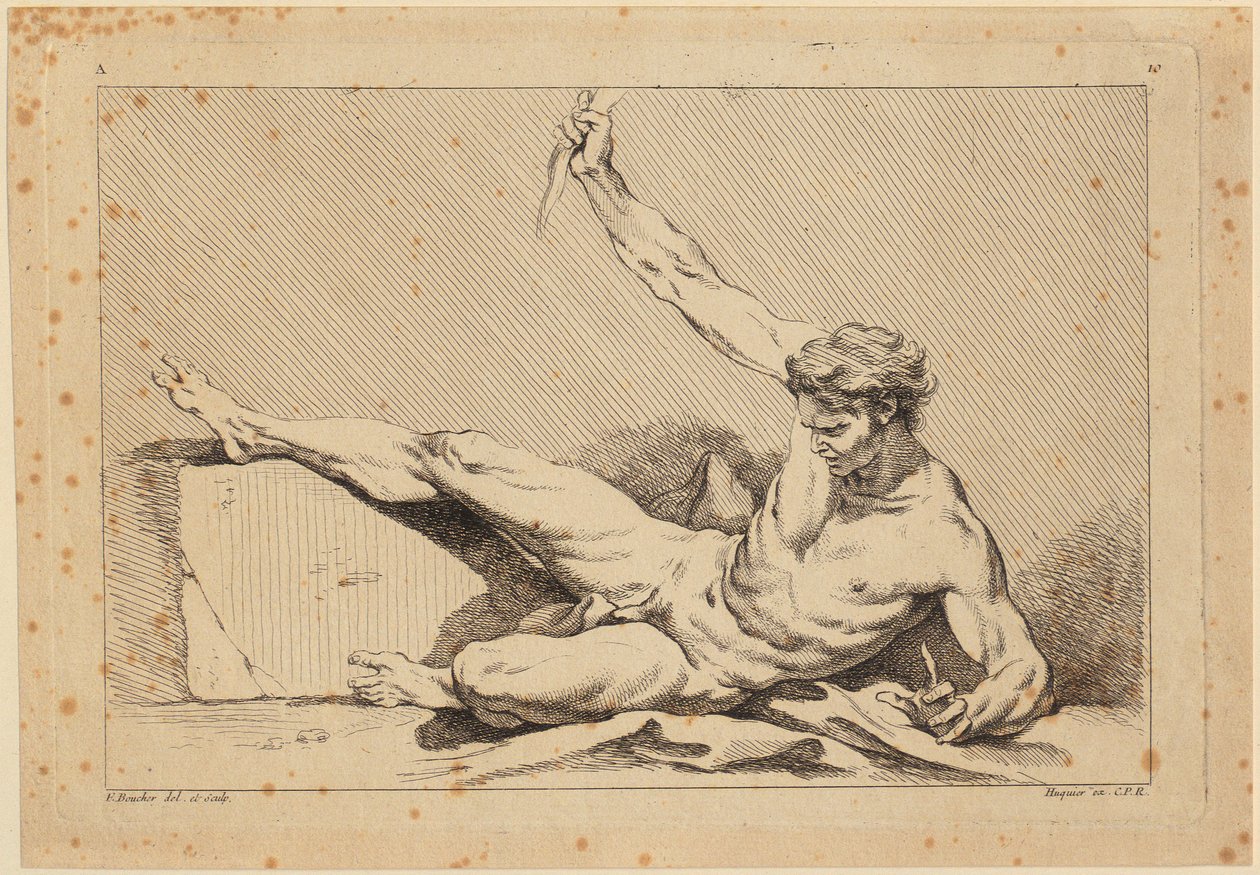 «Desnudo masculino recostado, lámina 10 de "Segundo libro de figuras de las Academias [...]", grabadas en parte por los profesores de la Real Academia» de François Boucher
