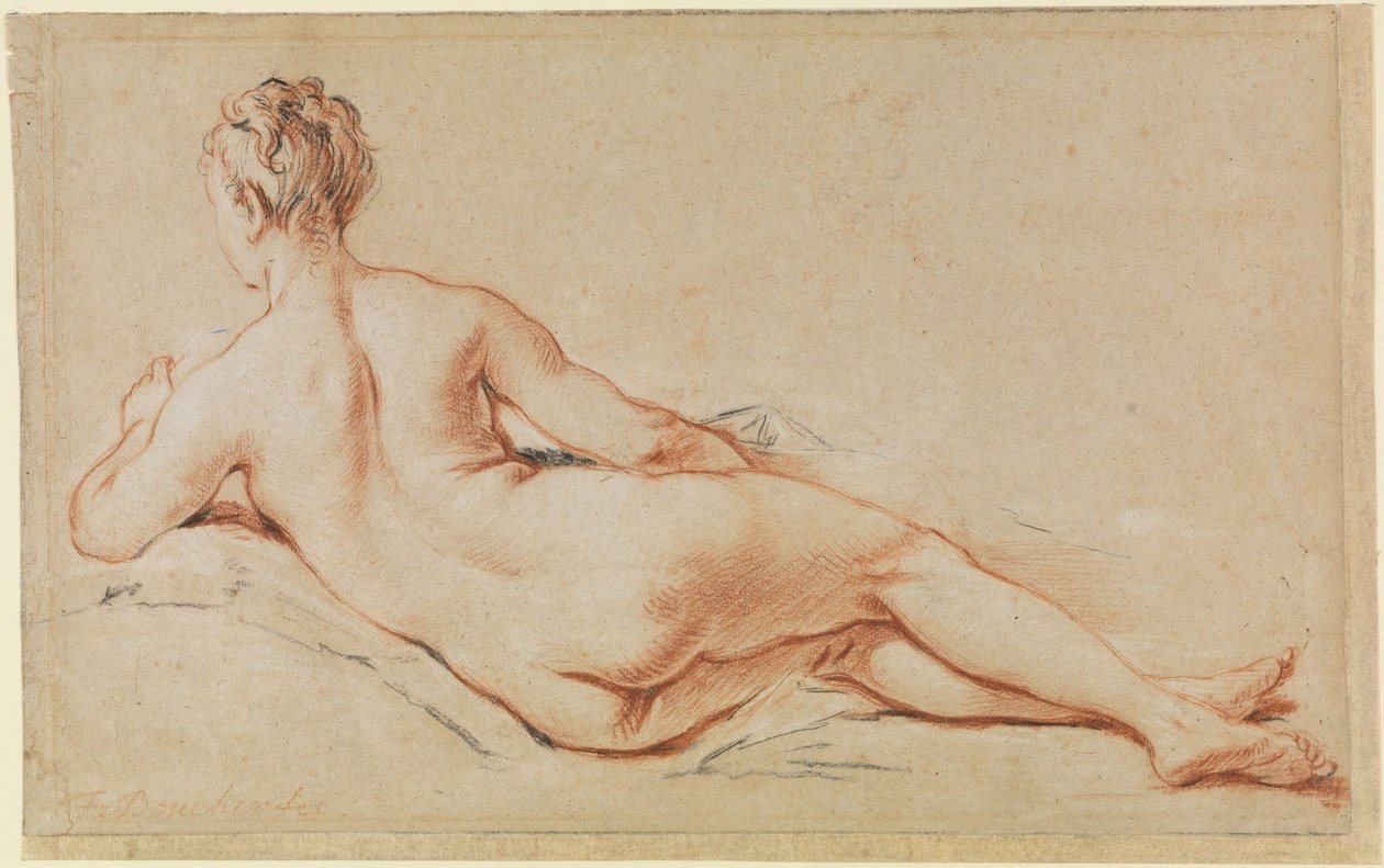 Desnudo femenino tumbado, apoyado en el brazo izquierdo, visto de espaldas de François Boucher