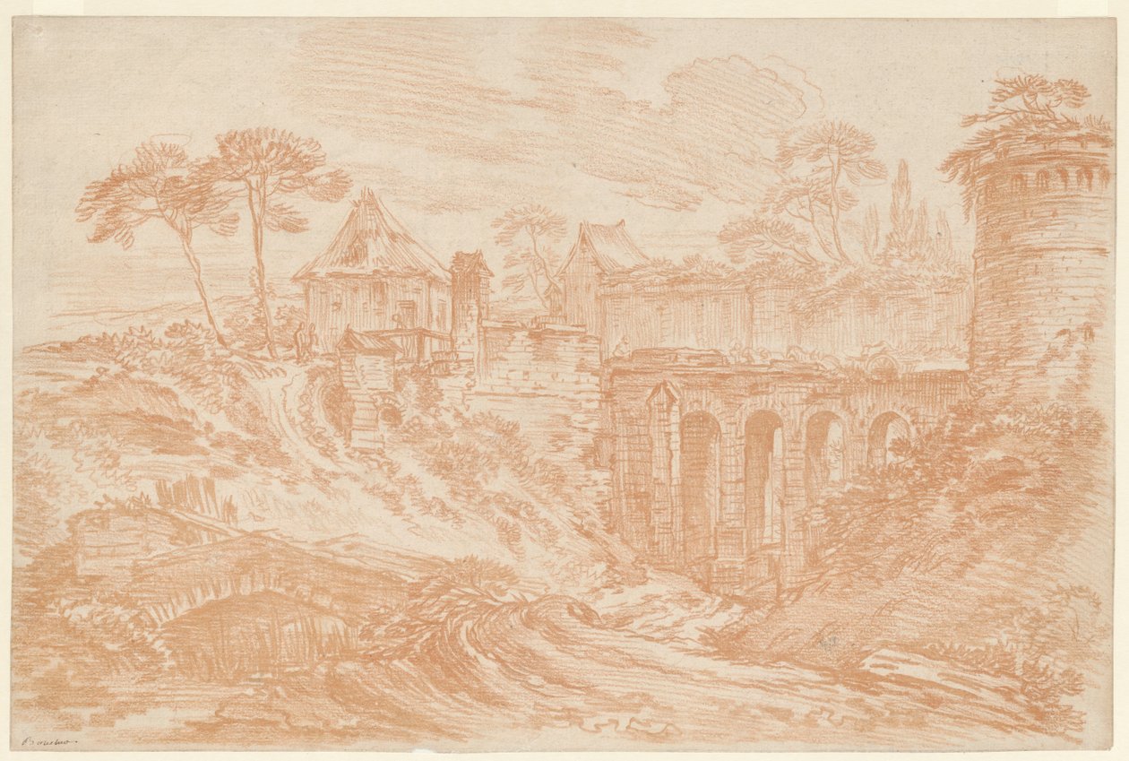 Paisaje con una torre y un puente de François Boucher
