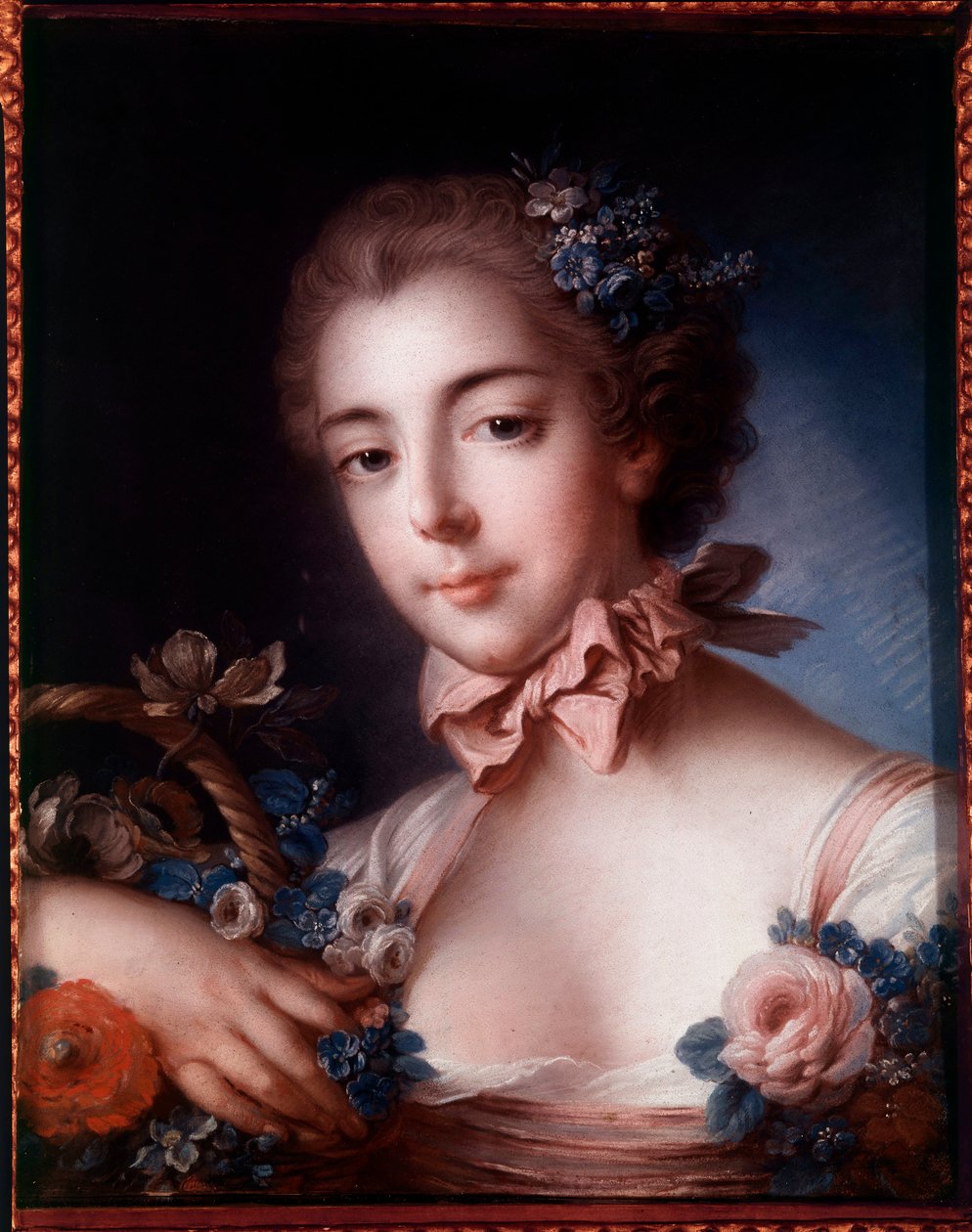 Retrato de una joven apoyada en una cesta de flores. Pintura al pastel de François Boucher (1703-1770) de François Boucher