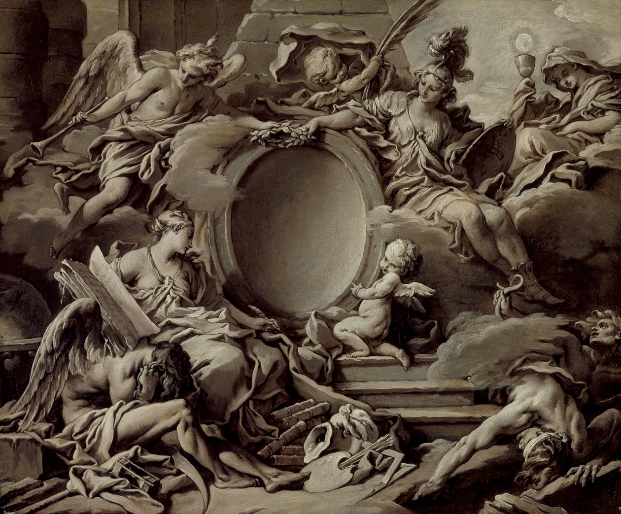 Proyecto para un cartucho: una alegoría de Minerva, la Fama, la Historia y la Fe venciendo a la ignorancia y al tiempo de François Boucher