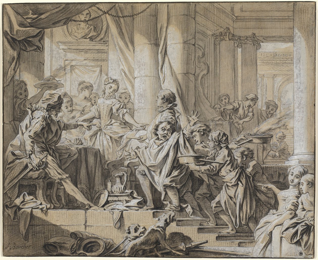Sancho huye de los sirvientes del duque de François Boucher