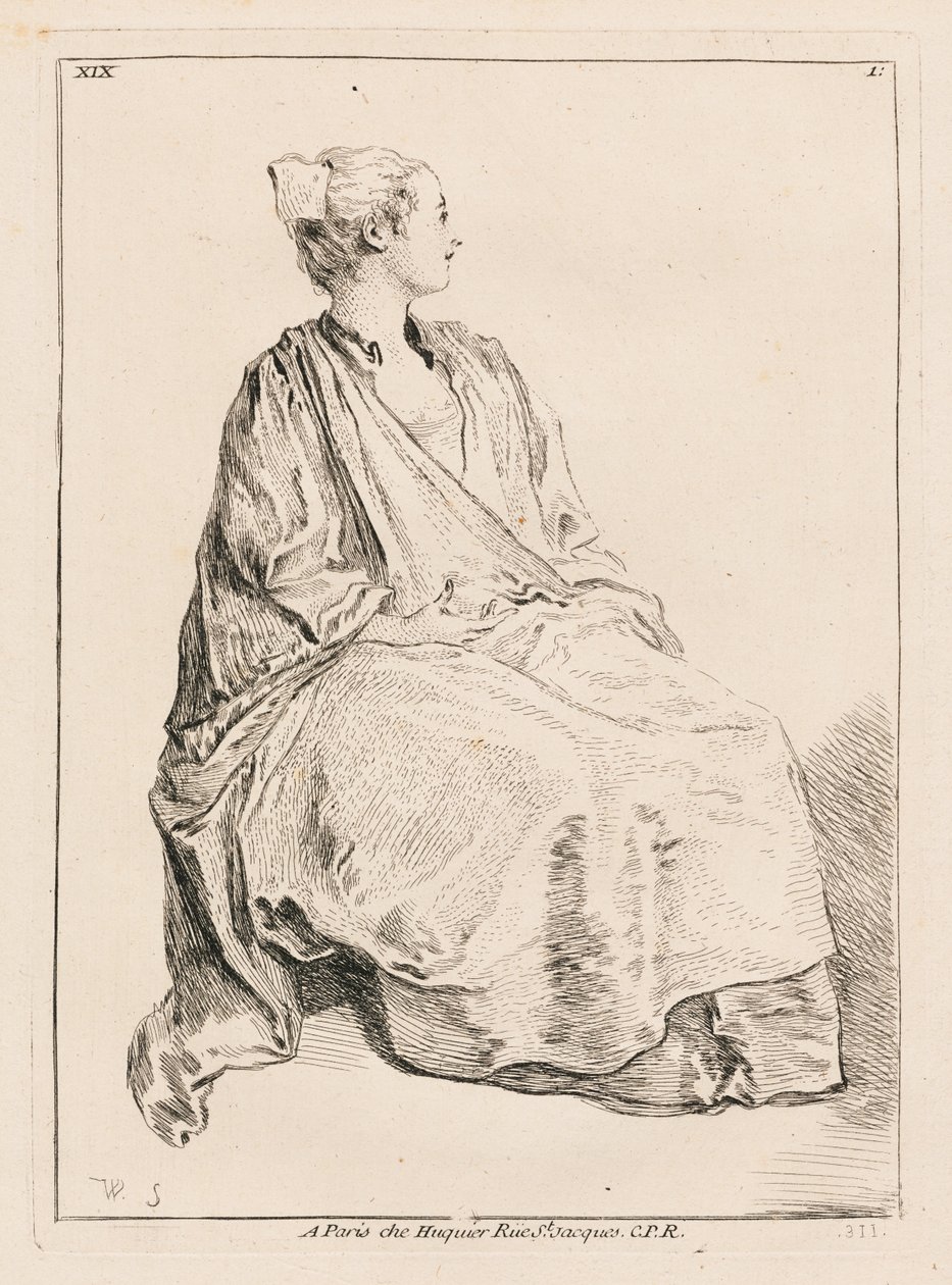 Mujer sentada mirando hacia la derecha de François Boucher