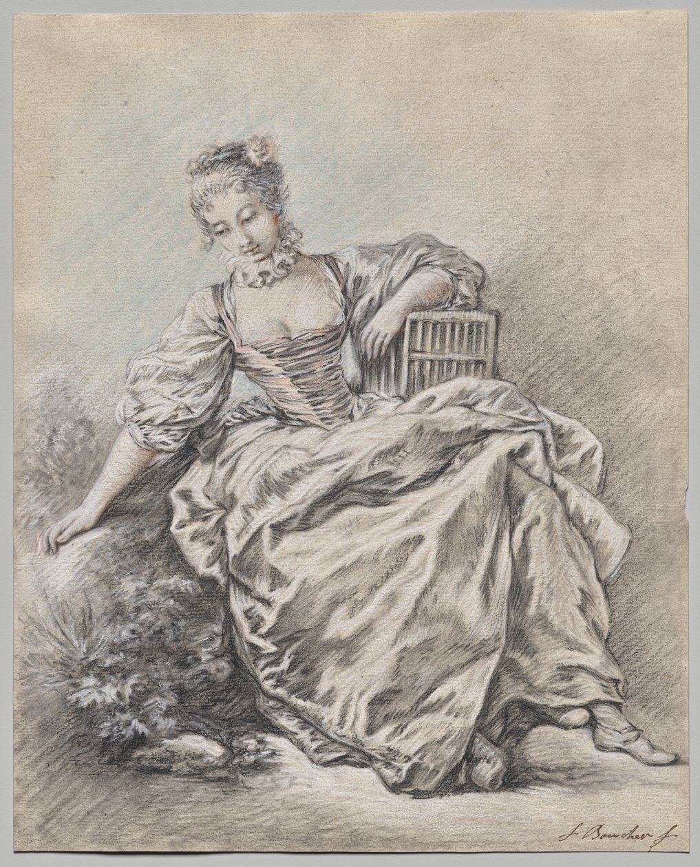 Mujer sentada con una jaula de pájaros en la mano de François Boucher