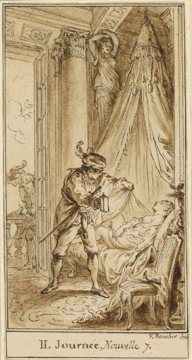 Segundo día, séptima historia: El duque de Atenas contempla a la princesa Alatiel mientras duerme de François Boucher