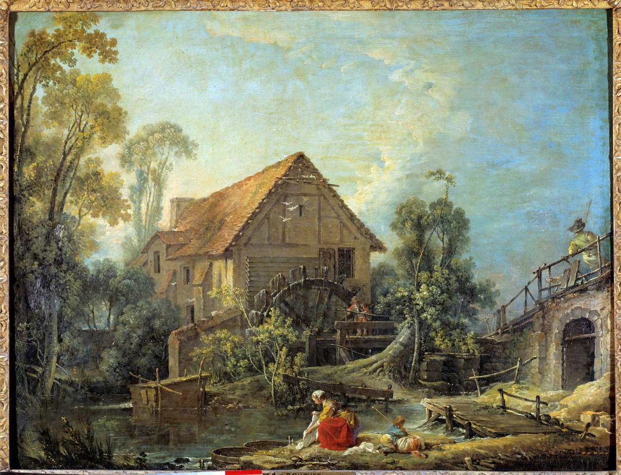El molino. Una mujer lava la ropa en el arroyo cerca de un molino de agua. Pintura de François Boucher (1703-1770) 1751. Dim. 0,66 x 0,84 m de François Boucher