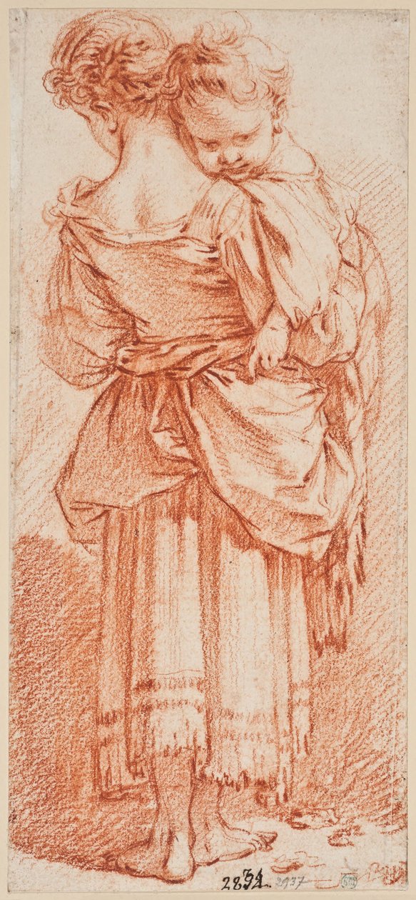 Mujer joven con un niño en brazos, vista de espaldas de François Boucher