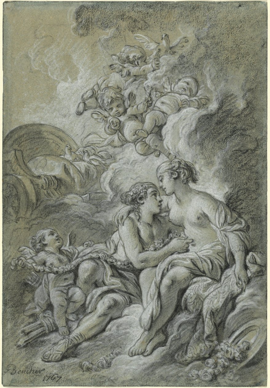 Venus, apoyada en su querido Adonis... de François Boucher