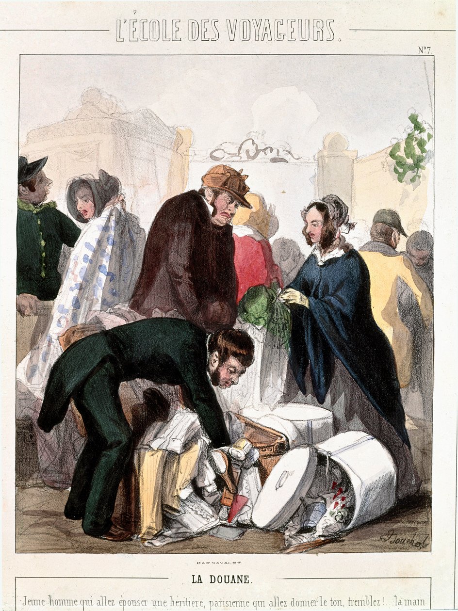 Aduanas. Control aduanero de la dote de una heredera que iba a casarse con un joven. Grabado en color de François Bouchot (1800-1842), circa 1830. París, Museo Carnavalet de Francois Bouchot