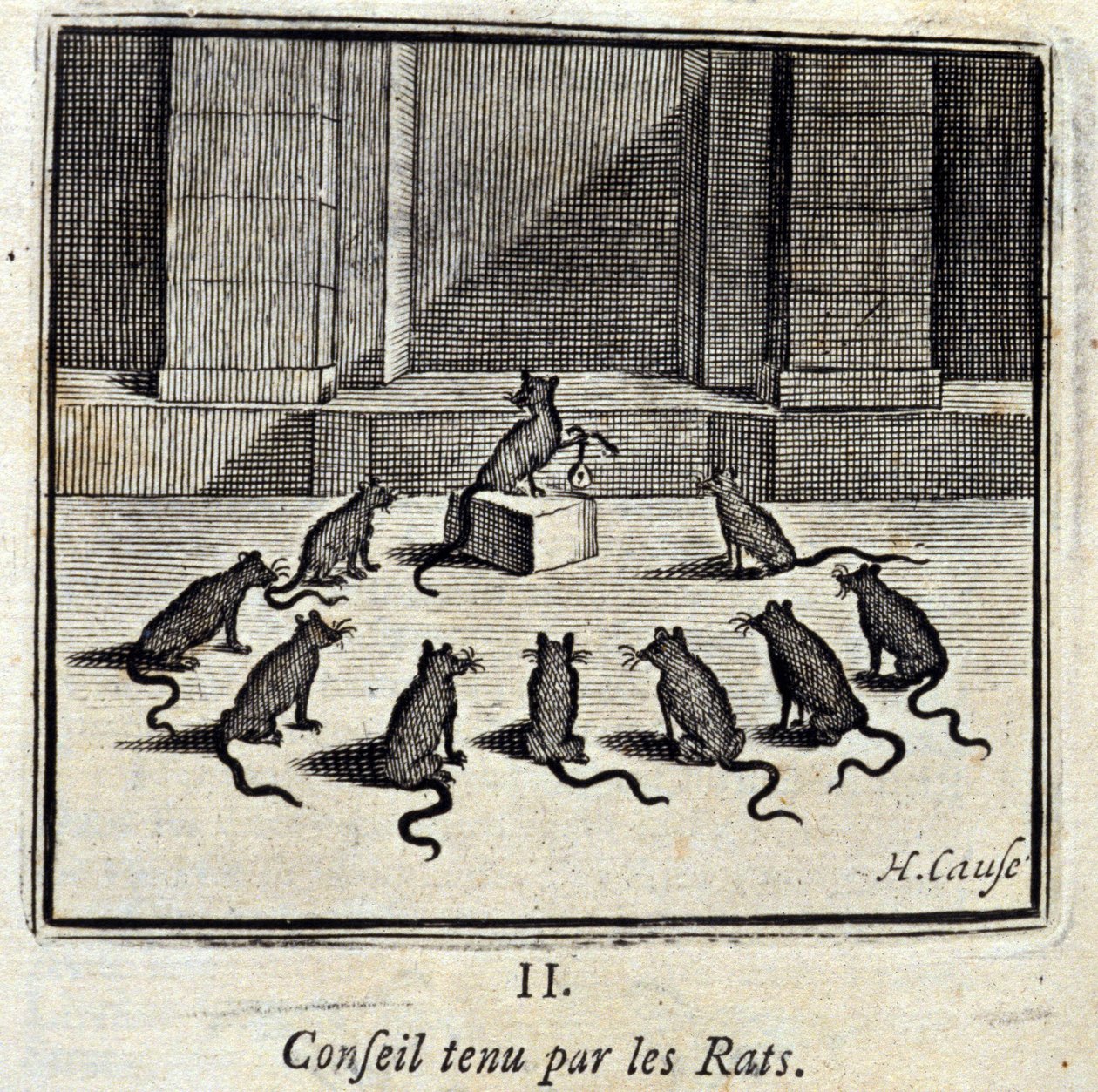 Junta celebrada por las ratas. Fábulas de Jean de La Fontaine (1621-95). Ilustración de François Chauveau (1613-1676). Edición de 1728. de Francois Chauveau