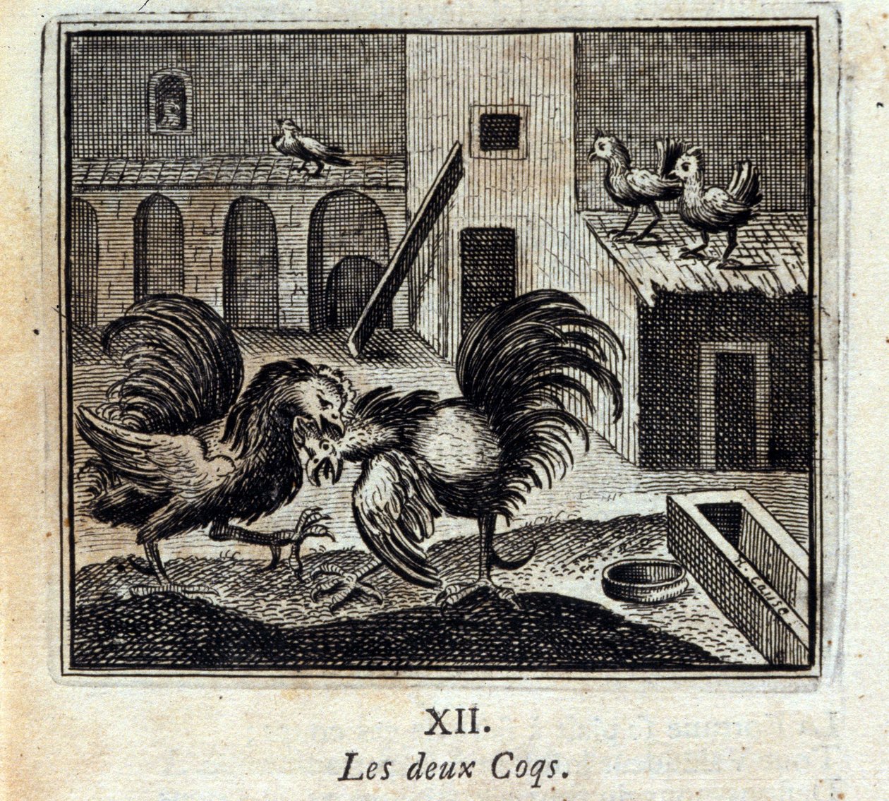Ambos gallos. Fábulas de Jean de La Fontaine (1621-95). Ilustración de François Chauveau (1613-1676). Edición de 1728 de Francois Chauveau