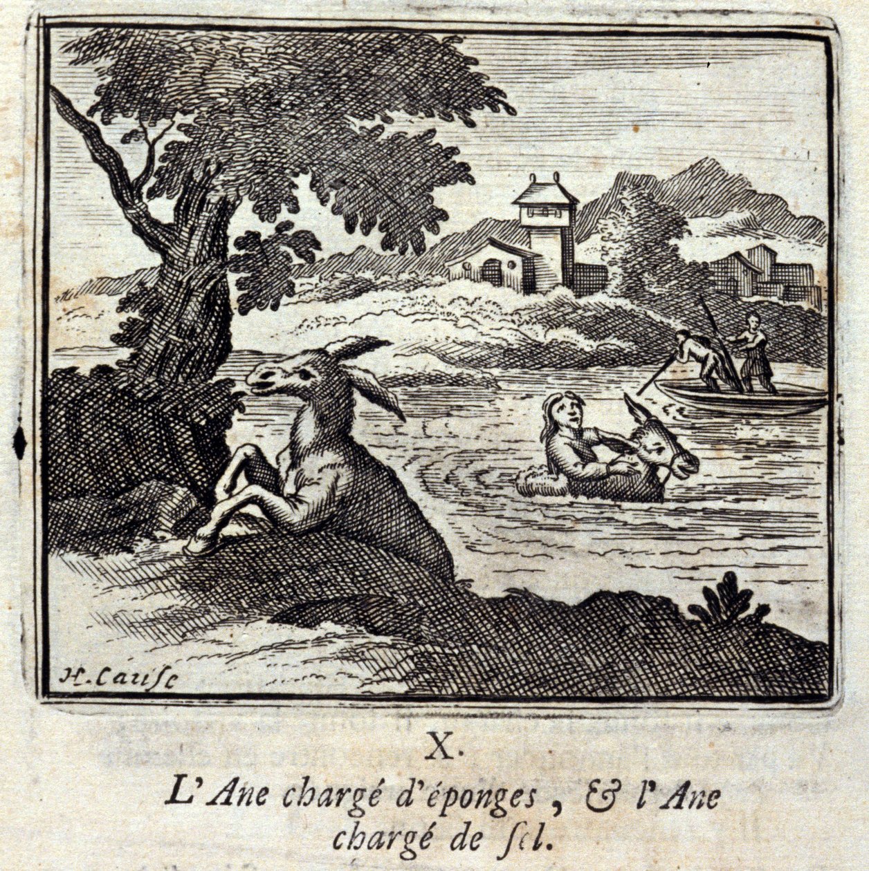 El burro cargado de esponjas y el burro cargado de sal. Fábulas de Jean de La Fontaine. Ilustración de François Chauveau. Edición de 1728. de Francois Chauveau