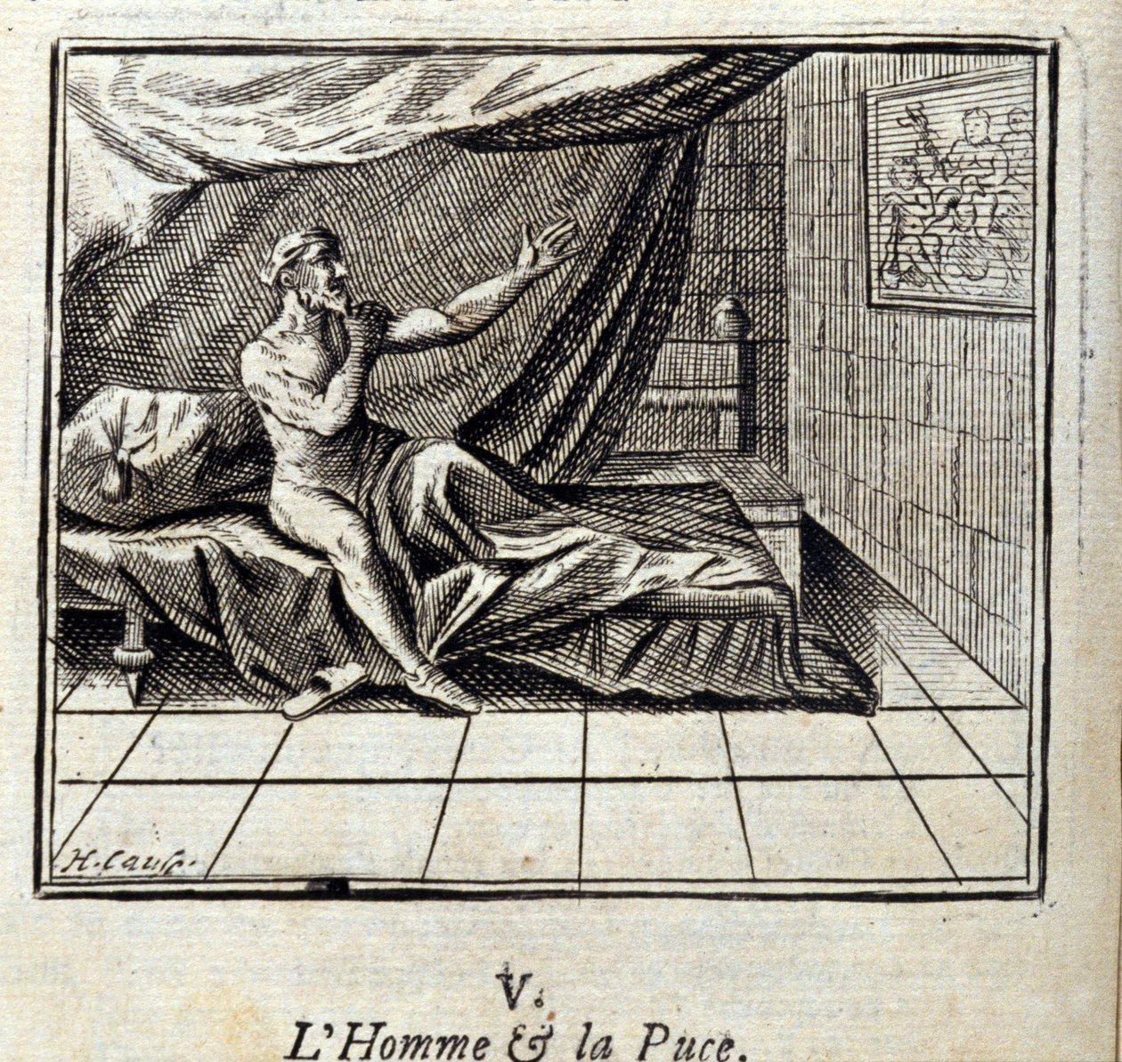 El hombre y la pulga. Fábulas de Jean de La Fontaine. Ilustración de François Chauveau. Edición de 1728. de Francois Chauveau
