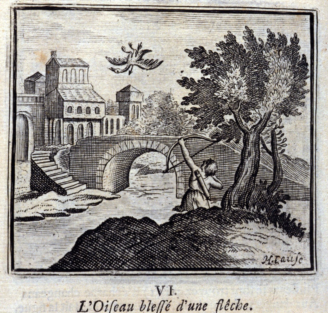 El pájaro herido por una flecha. Fábulas de Jean de La Fontaine. Ilustración de François Chauveau. Edición de 1728. de Francois Chauveau