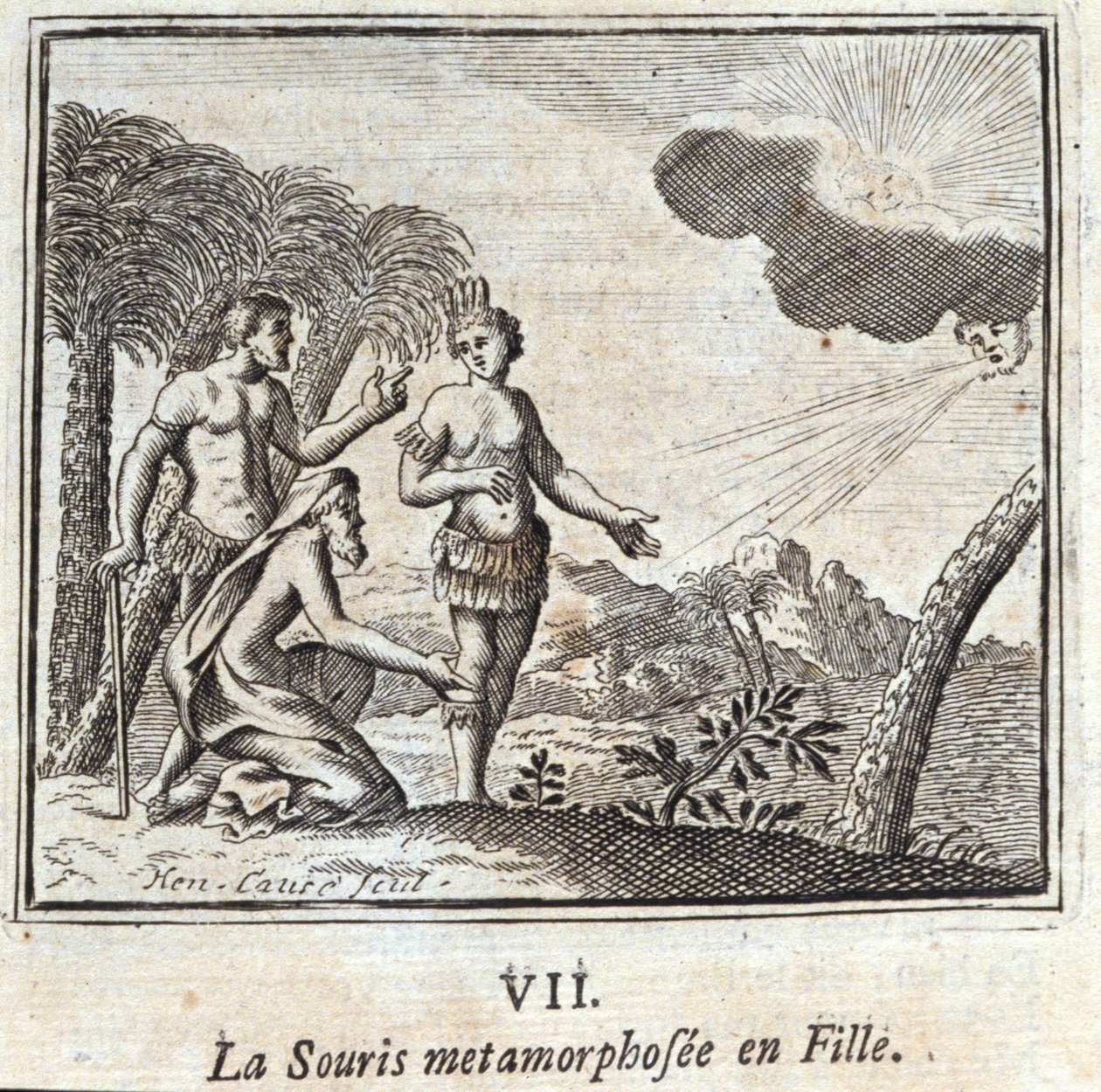 El ratón metamorfoseado en niña. Fábulas de Jean de La Fontaine (1621-95). Ilustración de François Chauveau (1613-1676). Edición de 1728. de Francois Chauveau