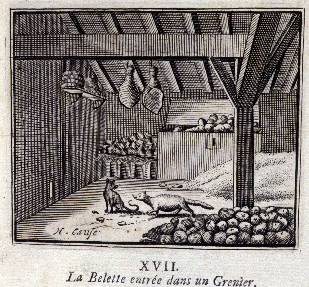 La comadreja entró en un granero. Fábulas de Jean de La Fontaine. Ilustración de François Chauveau. Edición de 1728. de Francois Chauveau