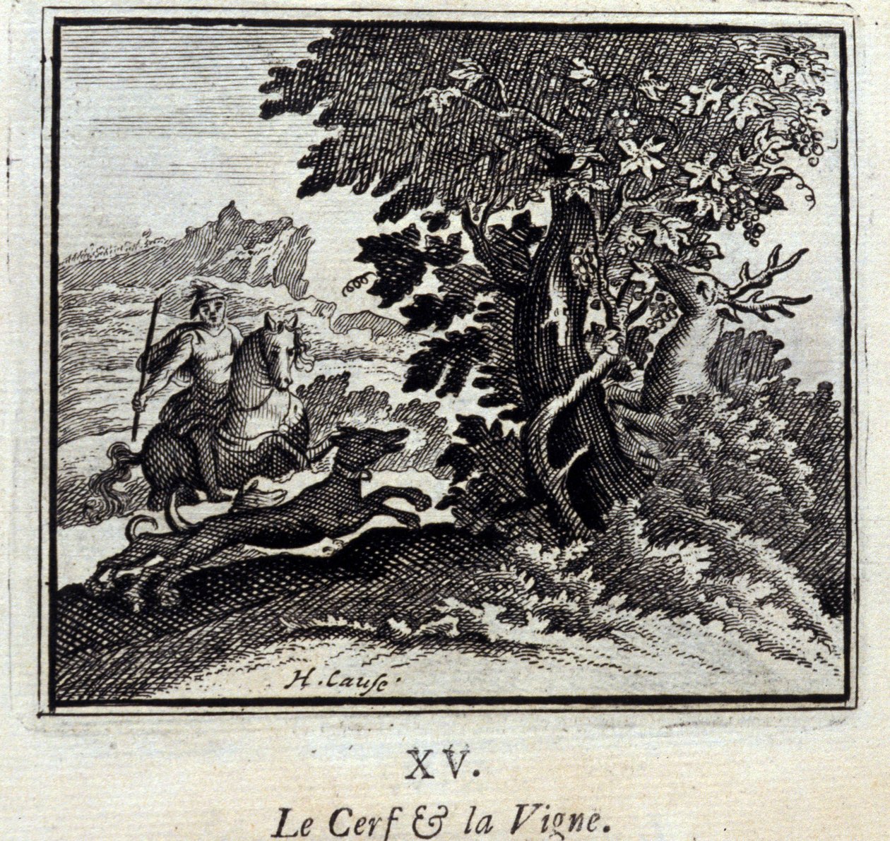 El ciervo y la vid. Fábulas de Jean de La Fontaine (1621-95). Ilustración de François Chauveau (1613-1676). Edición de 1728. de Francois Chauveau
