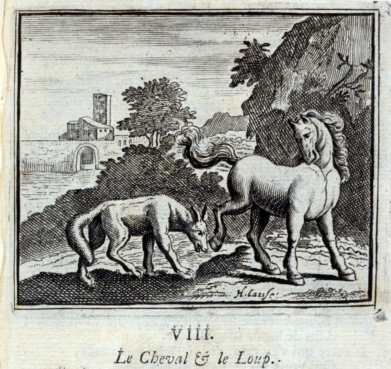 El caballo y el lobo. Fábulas de Jean de La Fontaine (1621-95). Ilustración de François Chauveau (1613-1676). Edición de 1728. de Francois Chauveau